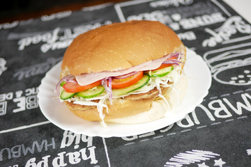 Meaty hamburger in a restaurant