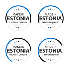 Set of four Estonian icons, English title Made in Estonia, premium quality stickers and symbols, internation labels with stars, simple vector illustration isolated on white background