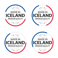 Set of four Icelandic icons, English title Made in Iceland, premium quality stickers and symbols, internation labels with stars, simple vector illustration isolated on white background