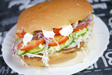 Meaty hamburger in a restaurant