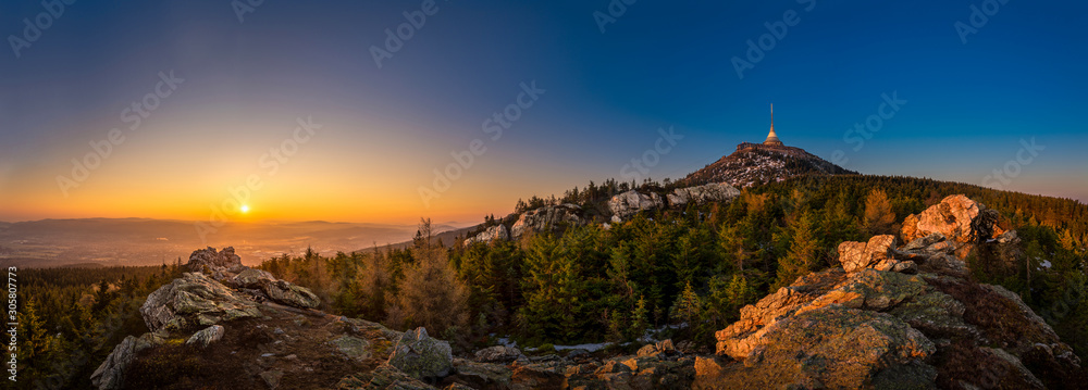 Wall mural sunrise over the city of liberec, czech republic. jested. view from the virive stones jested mountai