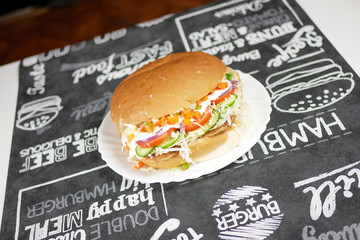 Meaty hamburger in a restaurant