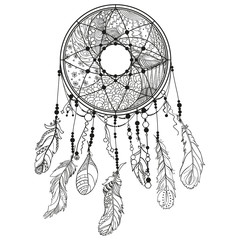 Dreamcatcher on white. Abstract mystic symbol. Design for spiritual relaxation for adults. Black and white illustration for colouring