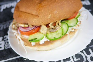 Meaty hamburger in a restaurant