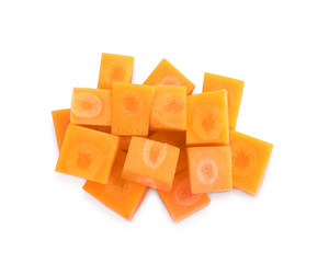 Pieces of fresh ripe carrot isolated on white, top view