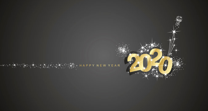 Happy New Year 2020 with firework white stars gold black greeting card design