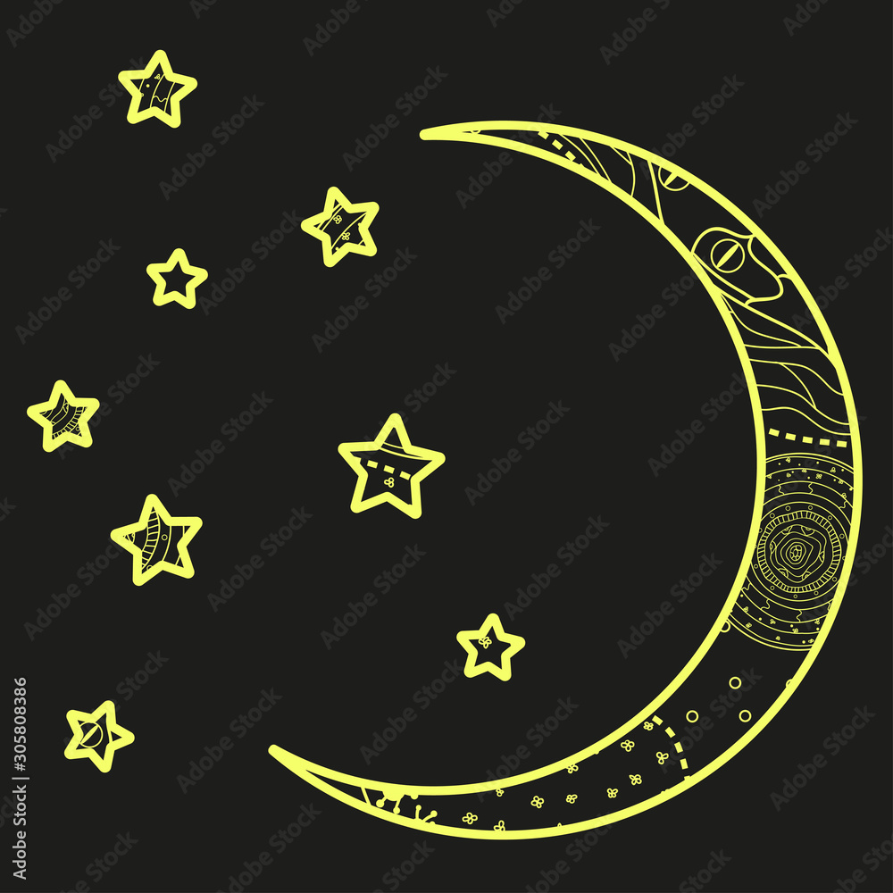 Wall mural crescent moon and stars with abstract patterns. hand drawn elements