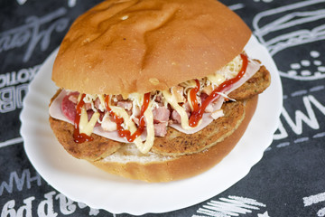 Meaty hamburger in a restaurant