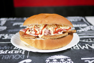 Meaty hamburger in a restaurant