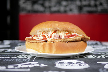 Meaty hamburger in a restaurant