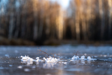 Snow arts on blue dark ice on a lake and forest on the background