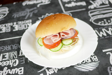 Meaty hamburger in a restaurant