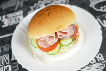 Meaty hamburger in a restaurant