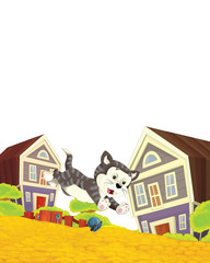 Obraz na płótnie Canvas cartoon scene with cat having fun on the farm on white background - illustration for children
