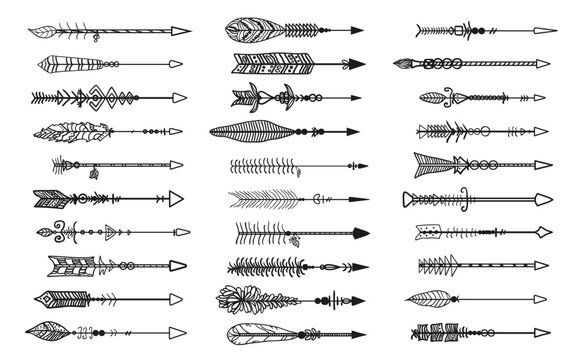 Hand drawn arrow. Abstract elements. Set of different arrows. Black and white illustration