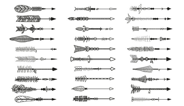 Hand drawn arrow. Abstract elements. Set of different arrows. Black and white illustration