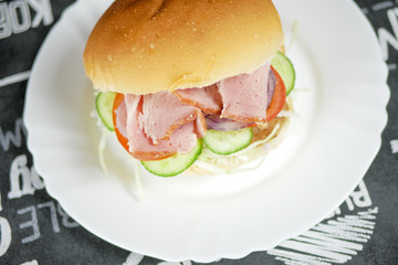 Meaty hamburger in a restaurant