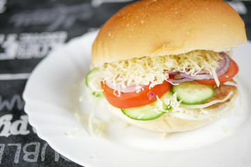 Meaty hamburger in a restaurant
