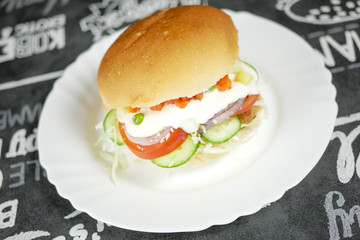 Meaty hamburger in a restaurant