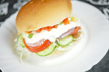 Meaty hamburger in a restaurant