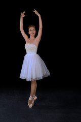 Naklejka premium the ballerina in pointes and a dress dances on a black background