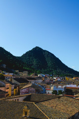 Fototapeta premium Roofs of the Houses of a Village with Green Mountain Trees in the Background