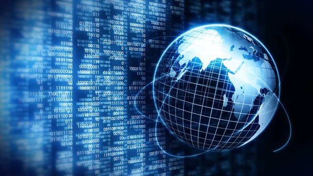 Planet earth with background of binary digits. Binary numbers around global earth. High tech technological loop animation. Number zero and one.