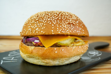 Meaty hamburger in a restaurant
