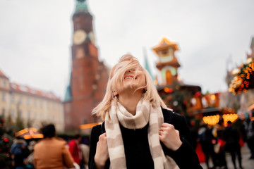 beautiful blonde at the Christmas market in Wroclaw Poland