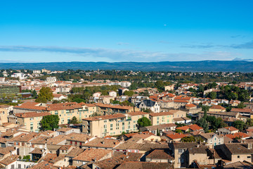 Panoramic view of the city Carcassonne from the walls of the tower Cite de Carcassonne. France. 26 nov 2019