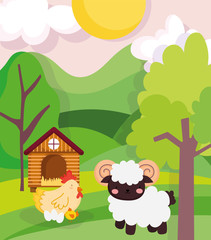 farm animals sheep and chicken barn trees