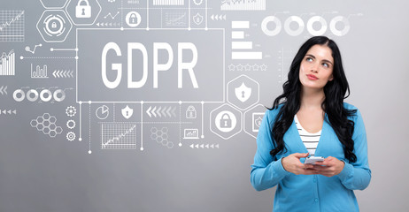 GDPR concept with thoughtful young woman holding a smartphone