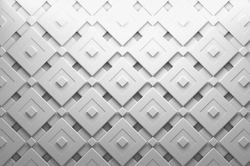 Multi layered pattern with rotated squares and grooves in white gray color. 3d illustration.