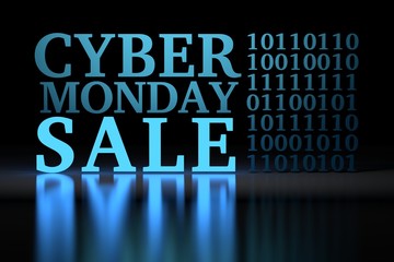 Large bold blue glowing words Cyber Monday Sale and stylized binary code on black mirror reflective background. 3d illustration.