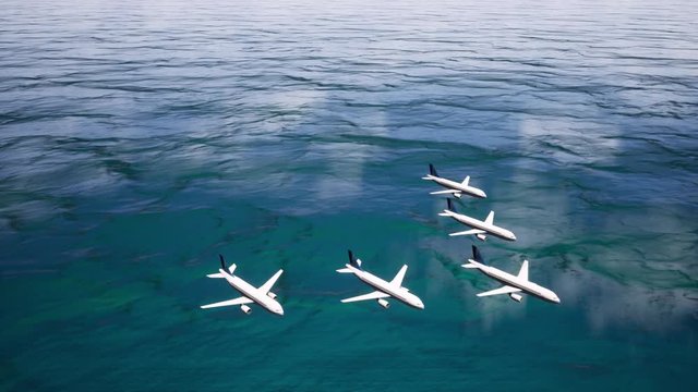 Five planes fly strictly in a specific order above the surface of a calm ocean against a cloudless sky. Jamb of planes. 4k