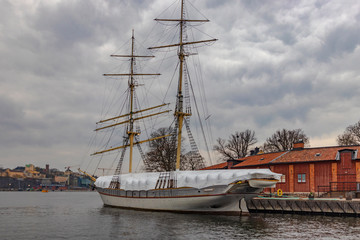 STOCKHOLM, SWEDEN - 2 NOVEMBER 2019: Af Chapman is a full-rigged steel ship moored on the western shore of the islet Skeppsholmen in central Stockholm, Sweden