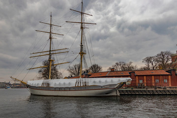 STOCKHOLM, SWEDEN - 2 NOVEMBER 2019: Af Chapman is a full-rigged steel ship moored on the western shore of the islet Skeppsholmen in central Stockholm, Sweden