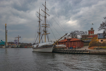 STOCKHOLM, SWEDEN - 2 NOVEMBER 2019: Af Chapman is a full-rigged steel ship moored on the western shore of the islet Skeppsholmen in central Stockholm, Sweden