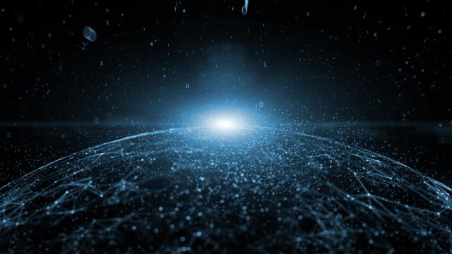 Rotating network globe with binary numbers, sun flare, lines and dots motion. View from space. 