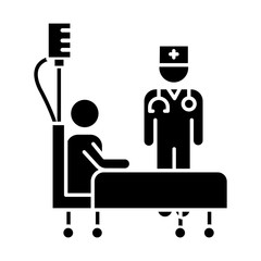 Health care industry glyph icon. Clinic, hospital. Medical help. Emergency health aid. Curing illness and disease. Doctor and patient. Silhouette symbol. Negative space. Vector isolated illustration