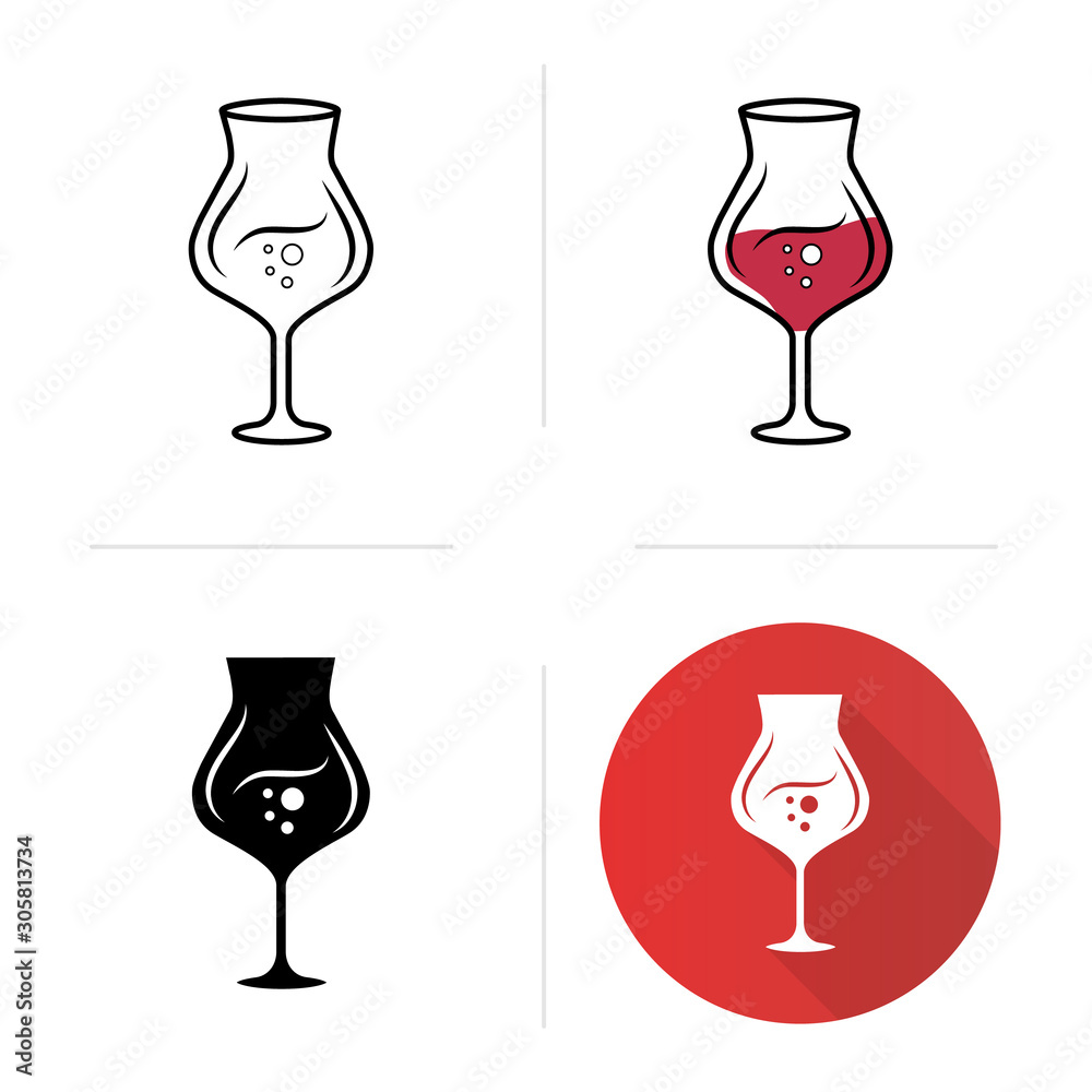 Wall mural Madeira wineglass icons set. Alcohol beverage with bubbles. Party cocktail. Sweet aperitif drink. Tableware, glassware. Flat design, linear, black and color styles. Isolated vector illustrations