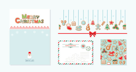 Christmas design elements set. Santa Claus letter template A4, greeting envelope, decotrative banner, seamless pattern with gingerbread cookies. Vector