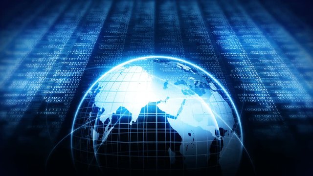 Planet earth with background of binary digits. Binary numbers around global earth. High tech technological loop animation. Number zero and one.
