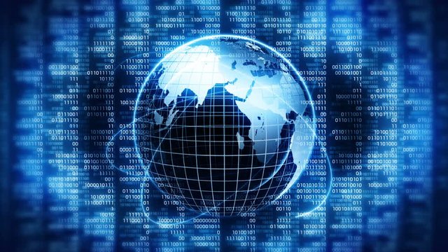 Planet earth with background of binary digits. Binary numbers around global earth. High tech technological loop animation. Number zero and one.