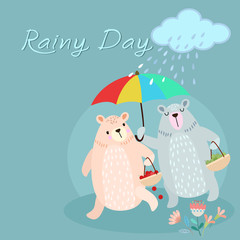 Greeting card with cute couple bear under umbrella in the rain.