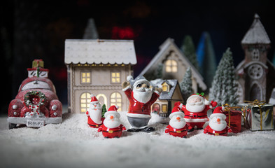 Traditional holiday attributes on snow. Creative artwork decorations. Empty space for your text