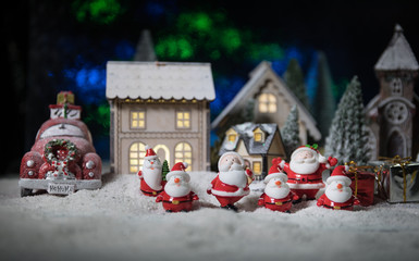 Traditional holiday attributes on snow. Creative artwork decorations. Empty space for your text