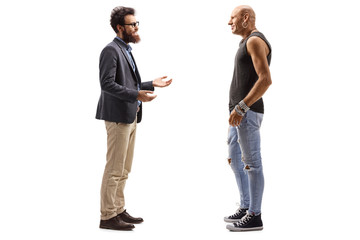 Male hipster and a bearded man having a conversation