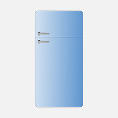 Vector illustration of a blue refrigerator in the retro style of the 80s.