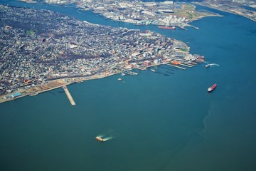 Panoramic view on Jersey river from the aeroplane window, USA. 